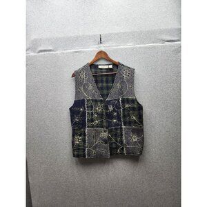 Dress Barn Woman 1X Patchwork Wool Blend Plaid Vest Blue/Green Floral Embroidery